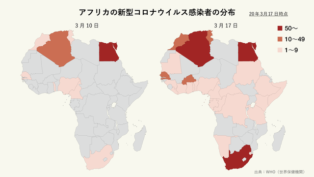 アフリカの新型コロナウイルスの感染者の分布（クリーム）