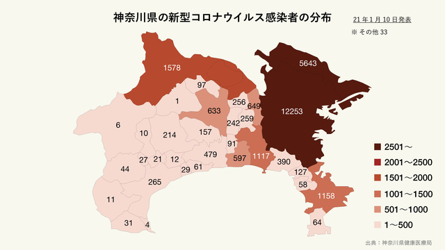 神奈川県の新型コロナウイルス感染者の分布