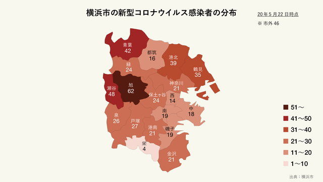 横浜市の新型コロナウイルス感染者の分布(区別)