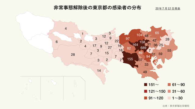 非常事態解除後の東京都の新型コロナウイルス感染者の分布マップ