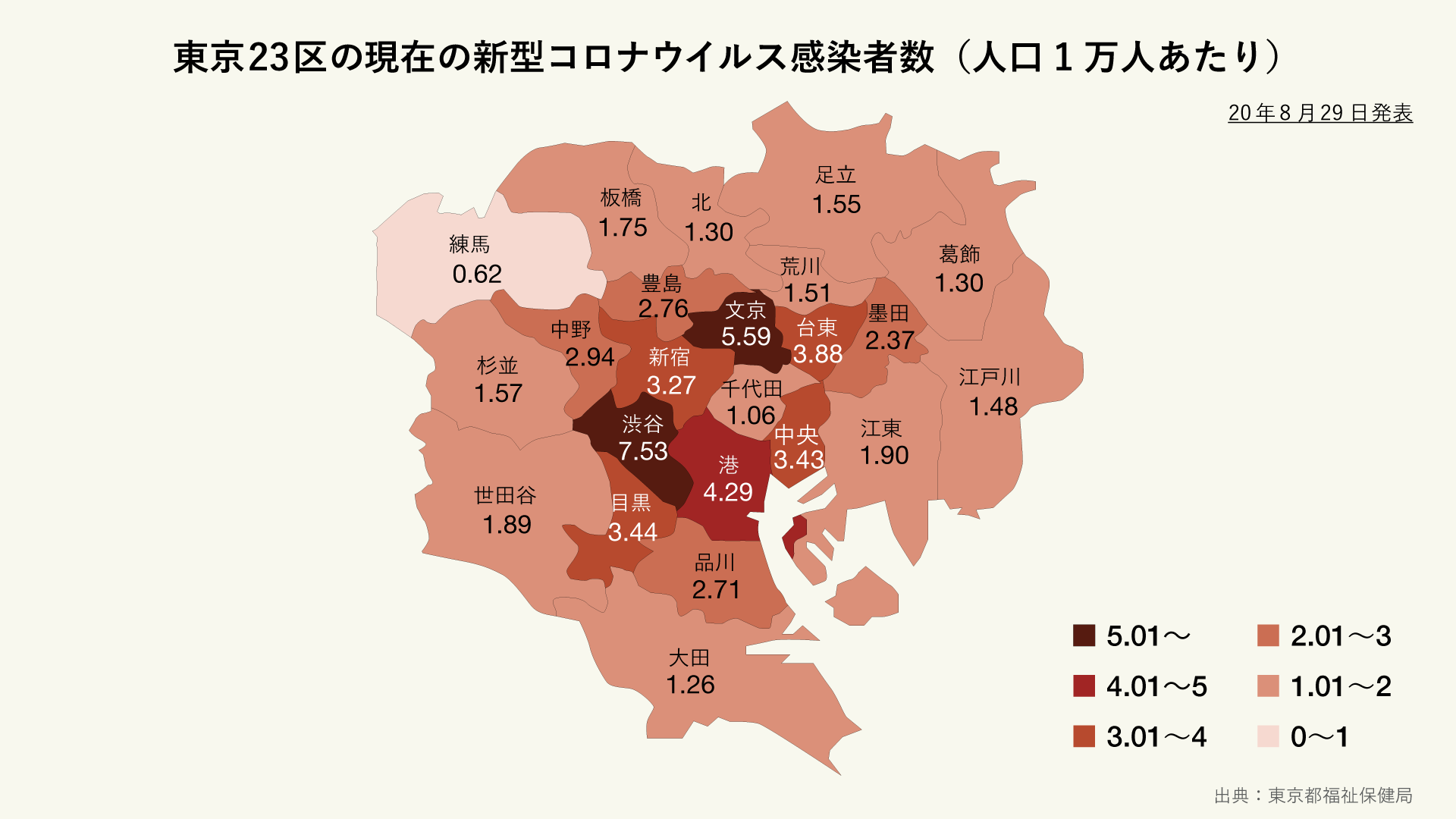 東京23区の現在の新型コロナウイルス感染者（人口1万人あたり）の分布マップ