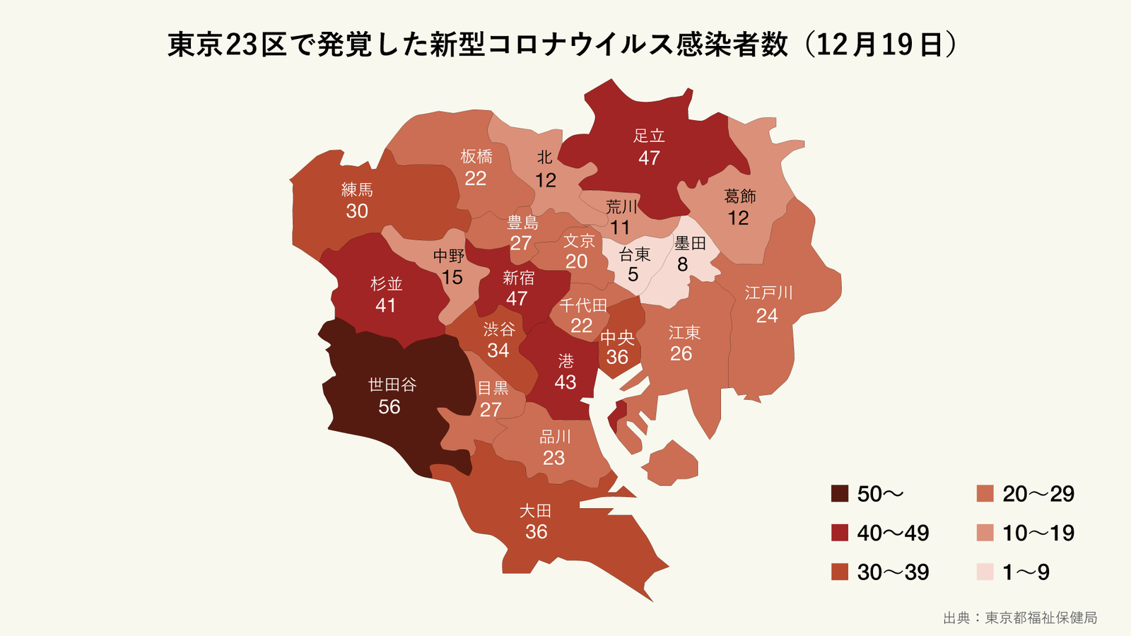 12月19日に発覚した東京23区の区ごとの新型コロナウイルス感染者数(マップ)