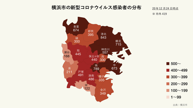 横浜市の新型コロナウイルス感染者の分布（区別）